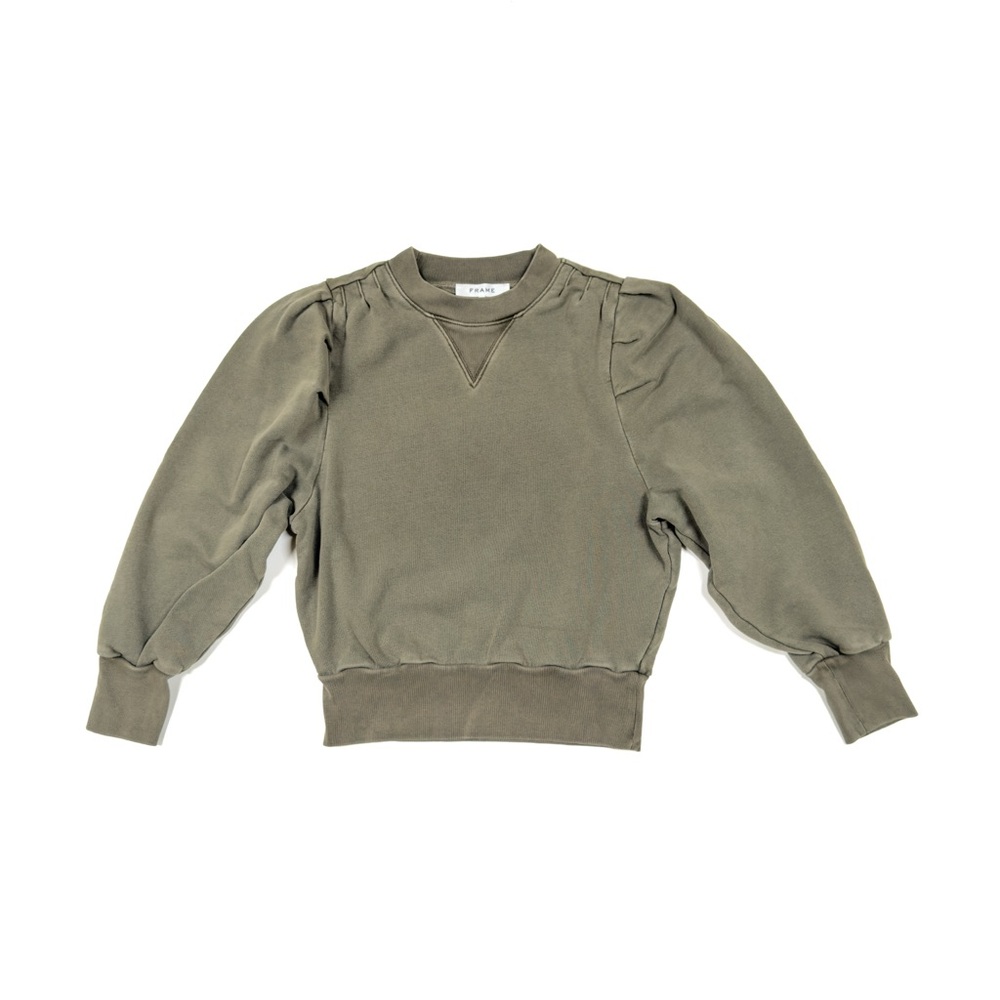 Frame Shirred Crewneck Military Army Green Wash Puff Sleeve Sweatshirt Womens XS